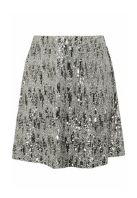 Zilveren pailletten mini rok met een uitlopende stijl. Kenmerkt zich door een textuur op het oppervlak en glinsterende patronen die een reflecterend effect creëren.