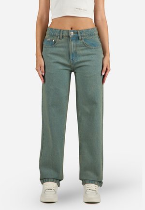 Light blue-green high-waisted jeans with a straight-leg design, featuring five pockets and a button closure, paired with white sneakers.