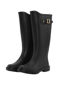 Czarne gumowe kalosze o gładkim wykończeniu, zaokrąglonym nosku i złotym zapięciu na górnej części. Solidna podstawa z teksturowanym bieżnikiem.