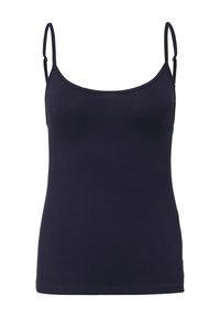 Navyblaues Tanktop mit schmalen Trägern, einem runden Ausschnitt, aus einem glatten Stretchmaterial. Hat eine figurbetonte Silhouette und keine Verzierungen.