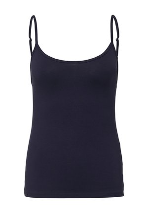 Marineblauw tanktop met slanke bandjes en een ronde halslijn, gemaakt van een gladde stretchstof. Het heeft een aansluitende pasvorm en geen versieringen.