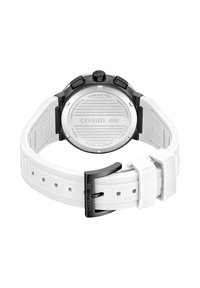 Bela gumijasta ura s črnim ohišjem iz nerjavečega jekla. Na hrbtni strani se nahaja teksturirana srebrna površina in vgraviran logotip blagovne znamke.