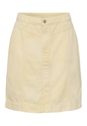 Bež visoki struk traper suknja s prednjim zatvaračem na kopčanje, omčama za remen i prednjim prorezom na rubu.