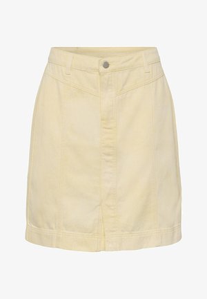 Bež visoki struk traper suknja s prednjim zatvaračem na kopčanje, omčama za remen i prednjim prorezom na rubu.