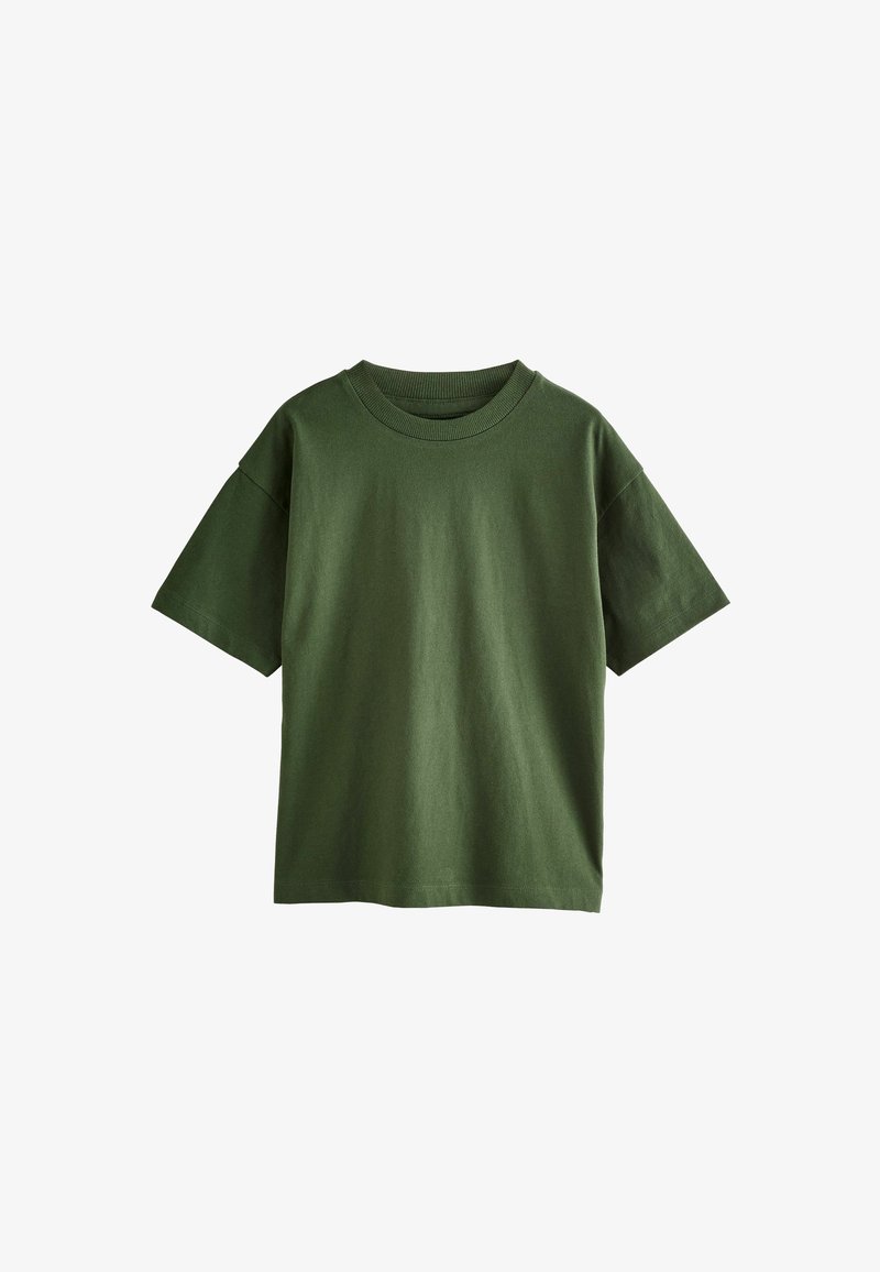 T-shirt uni en coton vert foncé à manches courtes avec col rond, présenté sur un fond blanc.