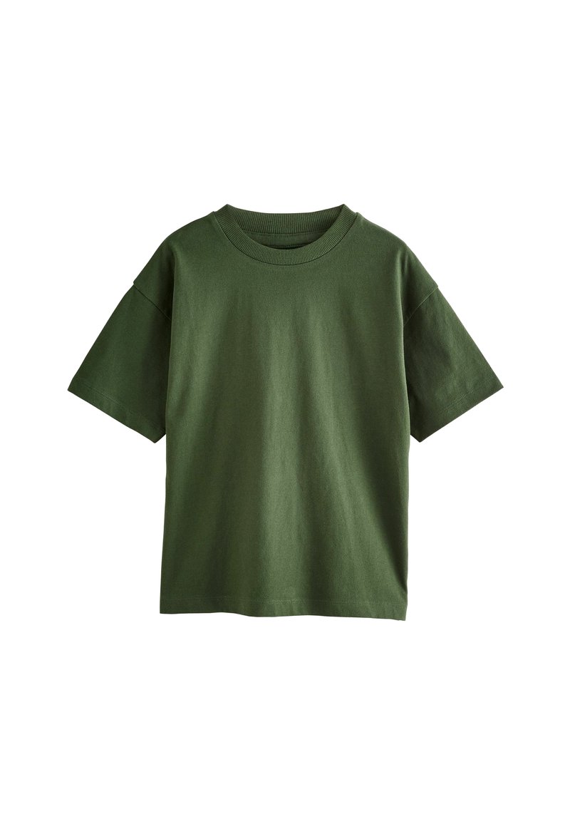 Groene katoenen T-shirt met een ronde halslijn, korte mouwen en een relaxte pasvorm. Eenvoudig ontwerp, effen kleur en zachte textuur.