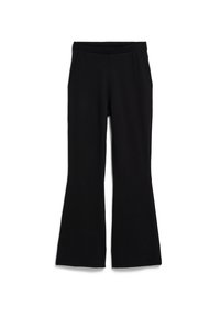 Zwarte rechte broek met een elastische tailleband en zijzakken, weergegeven op een witte achtergrond.