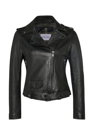 Sort læder motorcykeljakke med bred krave, skrå lynlås, sidelommer og en struktureret overflade. Har en bælte i taljen.