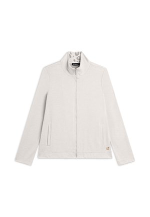Giacca zip-up grigia chiara realizzata in tessuto morbido, con colletto alto, due tasche laterali e una fodera con un motivo sottile.