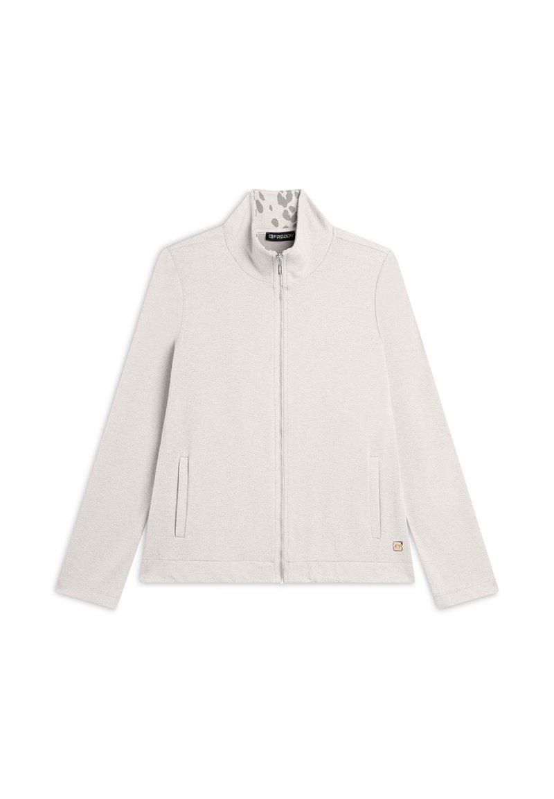 Giacca zip-up grigia chiara realizzata in tessuto morbido, con colletto alto, due tasche laterali e una fodera con un motivo sottile.