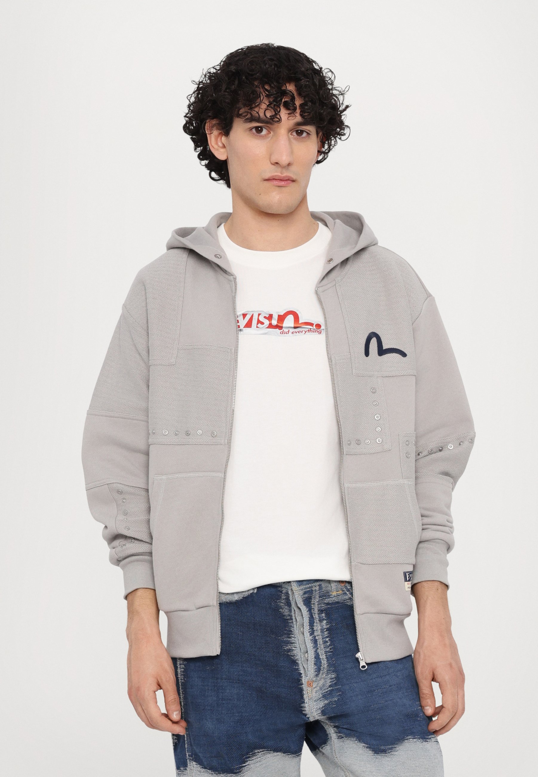 Evisu FABRIC BLOCKING HOODIE - Zip-up sweatshirt - grey - Zalando