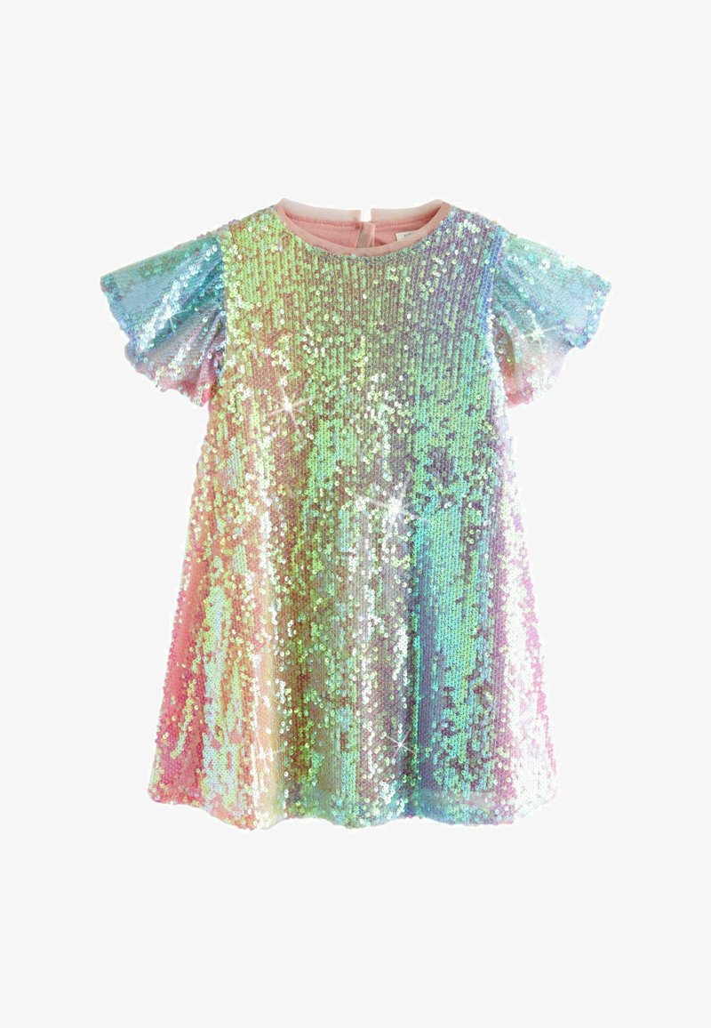 Pailletten-Kleid mit schwingenden Ärmeln, das einen Farbverlauf in Pastellfarben zeigt. Der Stoff ist glänzend und mit reflektierenden Pailletten über die gesamte Oberfläche bedeckt.