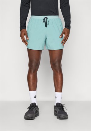 Turkise træningsshorts med elastisk talje og snøre, der har to sidelommer. Kombineret med sorte løbesko og hvide sokker.