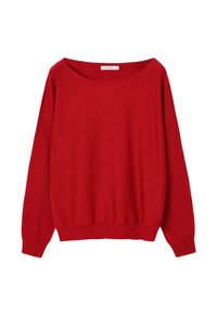 Pull rouge à manches longues avec un large col rond et des poignets et un ourlet côtelés, isolé sur un fond blanc.