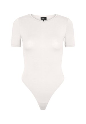 Hvid kortærmet bodysuit lavet af glat, strækbart stof. Har en rund halsudskæring og en thong-rygdesignet. Minimalistisk og tætsiddende.