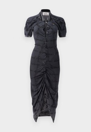 Vestido negro con diseño fruncido y mangas cortas abullonadas. Cuenta con cuello, botones en el frente y un patrón de "Vivienne Westwood" en toda la prenda. Largo midi.