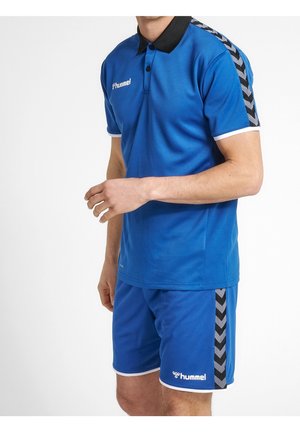 Blue polo and shorts set made of breathable fabric. Features a black collar, white accents, and distinctive black chevron pattern on the sides.