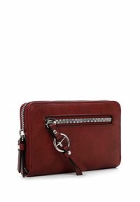 Maroon leather wallet with a zippered closure and an external zip pocket. Features a silver ring accent and a textured surface.