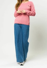 Maglione rosa a maniche lunghe con colletto tondo, abbinato a jeans blu a gamba larga. L'outfit presenta un piccolo logo sul maglione.