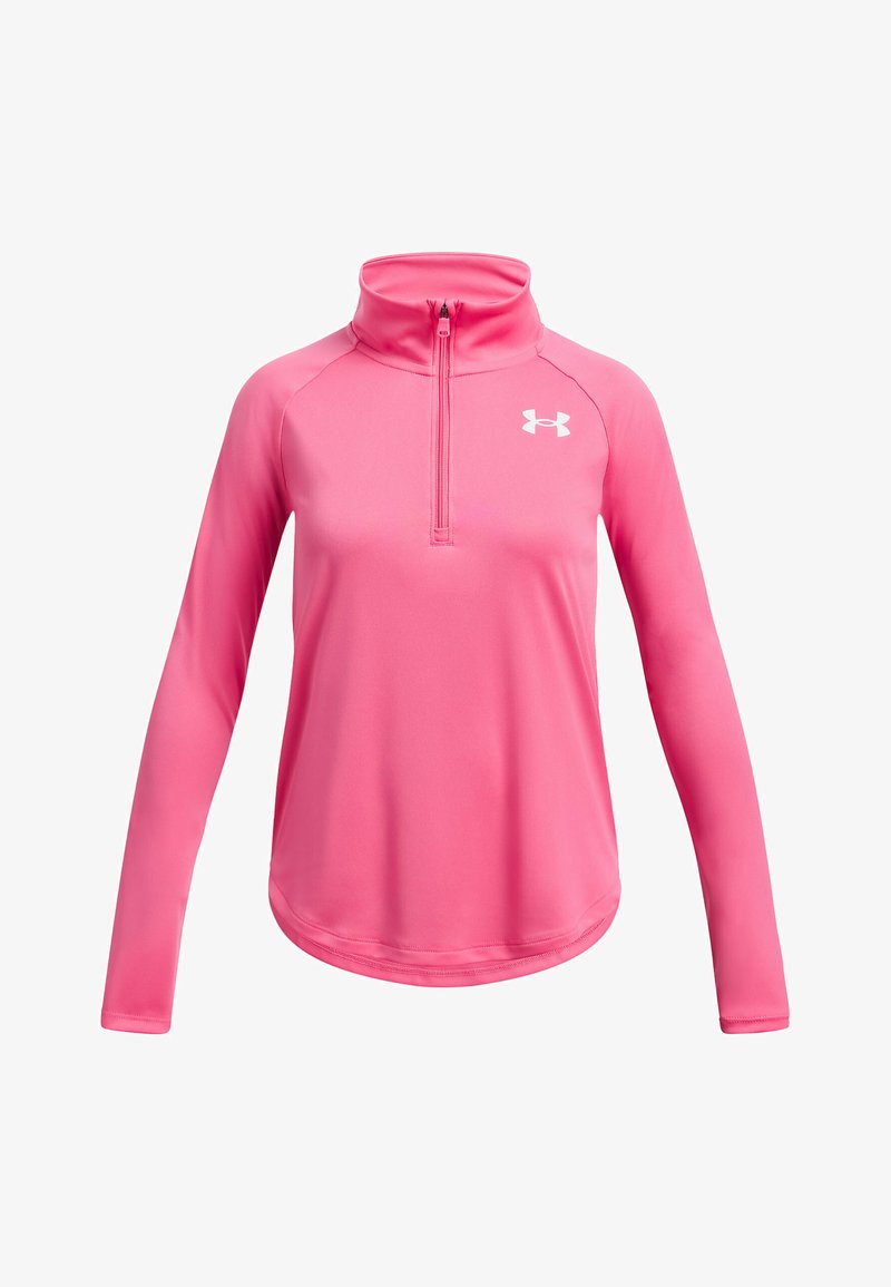 Top de sport à manches longues rose avec col haut, fermeture à demi zip à l'avant et logo blanc contrastant sur la poitrine. Fabriqué en tissu lisse et extensible.