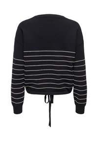 Pull noir à manches longues avec des rayures horizontales blanches, des poignets côtelés et un cordon de serrage à l'ourlet arrière.