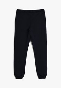 Schwarze Sweatpants mit elastischem Bund und gerippten Bündchen, flach auf einem weißen Hintergrund ausgelegt, Vorderansicht und schmal zulaufende Beine zeigen.