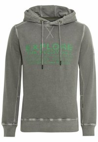 Gray hoodie with a drawstring hood, front kangaroo pocket, and ribbed cuffs. Features bold green text: "EXPLORE THE EVERY DAY."