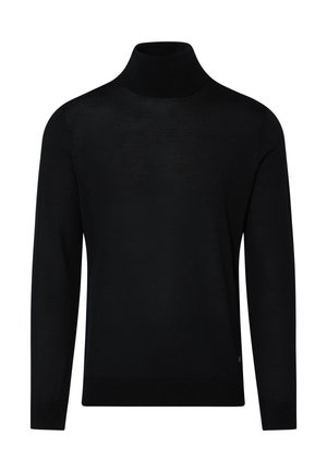 Jersey negro de manga larga con cuello alto, puños, bajo y cuello acanalados en un diseño sencillo y liso.