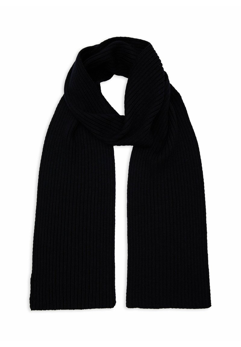 Sciarpa nera a coste, realizzata in maglia con una consistenza morbida e una forma lunga e rettangolare. I bordi sono piatti e dritti, senza decorazioni.