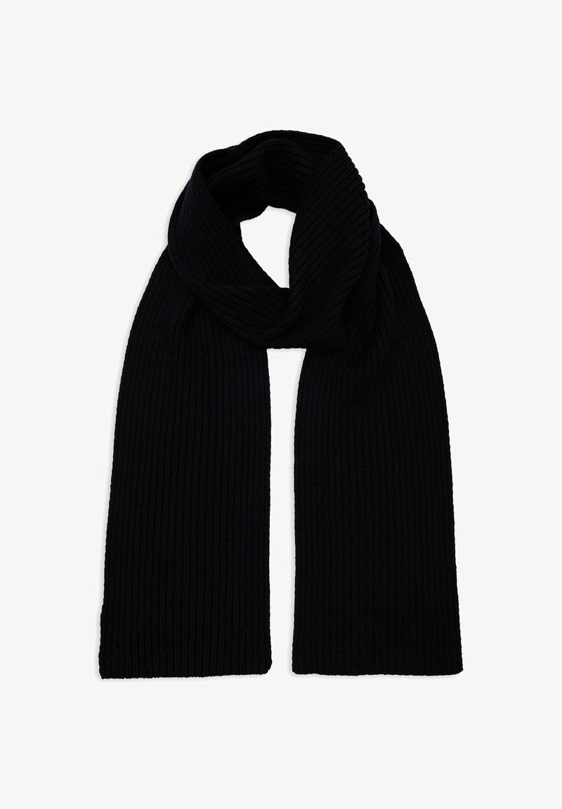 Sciarpa nera a coste, realizzata in maglia con una consistenza morbida e una forma lunga e rettangolare. I bordi sono piatti e dritti, senza decorazioni.