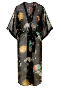 Czarny, przezroczysty kimono z szerokimi rękawami, zdobione kolorowymi wzorami kwiatowymi i niebieskimi motywami niebieskimi, zaciśnięte w talii pasującym paskiem.