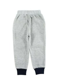 Pantalon de survêtement en coton gris à coupe décontractée, taille élastique et poignets côtelés bleu marine. Texture lisse sans motifs ni accents visibles.