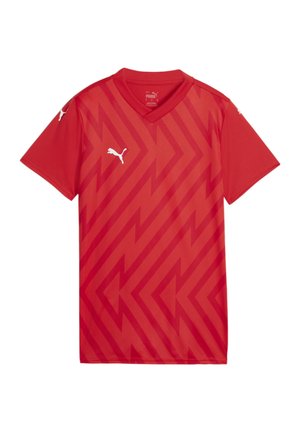 Rood polyesteren sportshirt met een V-hals, met een zigzagpatroon in donkerdere roodtinten. Witte Puma-logo op elke schouder.