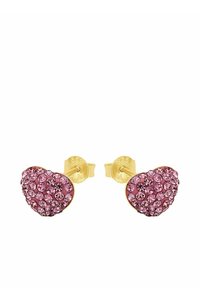 Orecchini a forma di cuore in metallo dorato, adornati con strass rosa. Texture liscia, dettagli brillanti evidenti e chiusure a farfallina sicure.