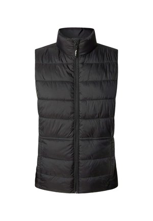 Gilet invernale nero con colletto alto, zip frontale e motivo a costine orizzontali. Realizzato in materiale leggero e trapuntato. Nessuna tasca visibile.