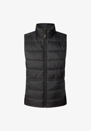 Črn pufast brezrokavnik z visokim ovratnikom, sprednjim zadrgo in vodoravno šivano vzorcem. Narejen iz lahkega, prešitega materiala. Žepov ni vidno.