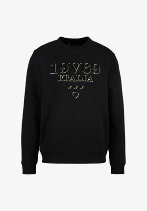 Schwarzes Sweatshirt mit goldgeprägtem Text "1969 ITALIA" und drei Sternen. Crew-Neck-Design mit gerippten Bündchen und Saum. Weiche Textur.
