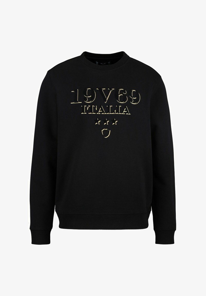 Zwarte sweatshirt met goud reliëftekst "1969 ITALIA" en drie sterren. Ronde hals ontwerp met ribgebreide manchetten en zoom. Zachte textuur.