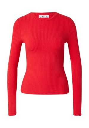 Red long-sleeve ribbed top with a crew neckline, fitted design, and soft texture. Features a label at the neck reading "EDITED."