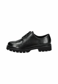 Chaussure en cuir noir avec un bout arrondi, un design perforé sur la boîte à orteils et une épaisse semelle en caoutchouc noir avec des motifs de traction.