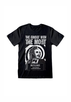 Black cotton t-shirt featuring white graphic text and an image of a character with dark makeup, surrounded by a spiral design.
