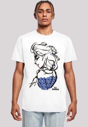 White cotton t-shirt featuring a black line drawing of a character with blue floral designs on the dress, and "Frozen" printed below.