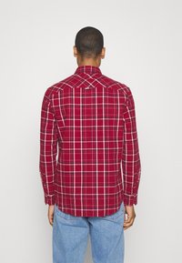 Rode geruite overhemden van katoen, met lange mouwen, knoopsluiting, met witte en blauwe accenten, voorzien van een afgeronde zoom en details op de rug.