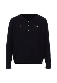 Pullover tricotat bleumarin închis cu decolteu în V, având două buzunare la piept și trei butoane decorative în față, cu un model texturat pe toată suprafața.