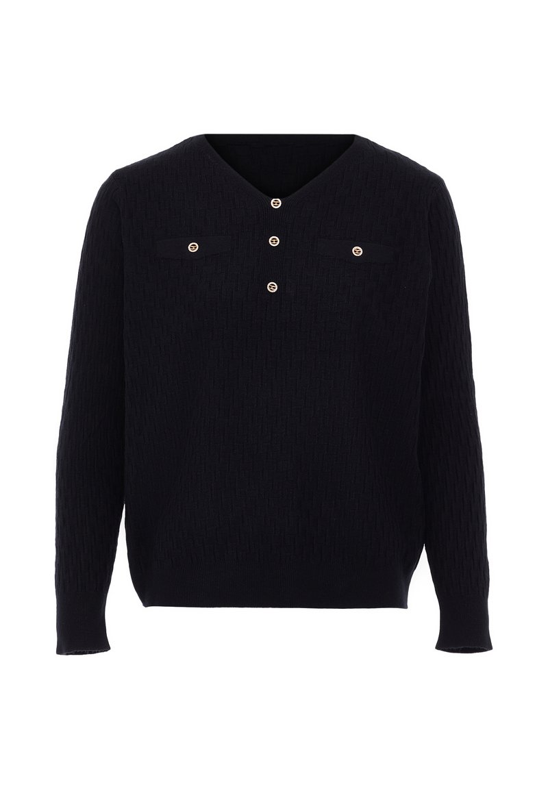 Pullover tricotat bleumarin închis cu decolteu în V, având două buzunare la piept și trei butoane decorative în față, cu un model texturat pe toată suprafața.