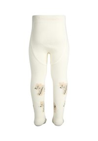 Beige Strumpfhosen mit einer weichen Strickstruktur und verspielten Hundemotiven an den Beinen, mit einem sanften, elastischen Taillenbund.
