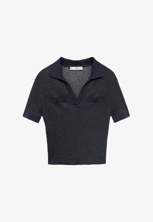 Ciemnoniebieska koszulka polo z krótkim rękawem, z kołnierzykiem, posiadająca strukturalny splot oraz dwie małe kieszonki na piersi.