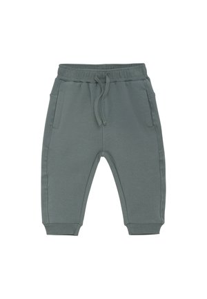 Hellgrau-grüne Sweatpants mit elastischem Bund, Kordelzug und seitlichen Taschen. Bündchen-Details an den Knöcheln, aus weichem Baumwollstoff gefertigt.