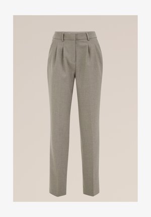 Sivé upravené nohavice s priamym strihom, s prednými záhybmi, plochým pásom a jemnou štruktúrovanou látkou.