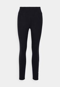 Leggings neri con una vita alta, realizzati in tessuto elasticizzato, caratterizzati da una superficie liscia e un design minimalista con un dettaglio del logo laterale.
